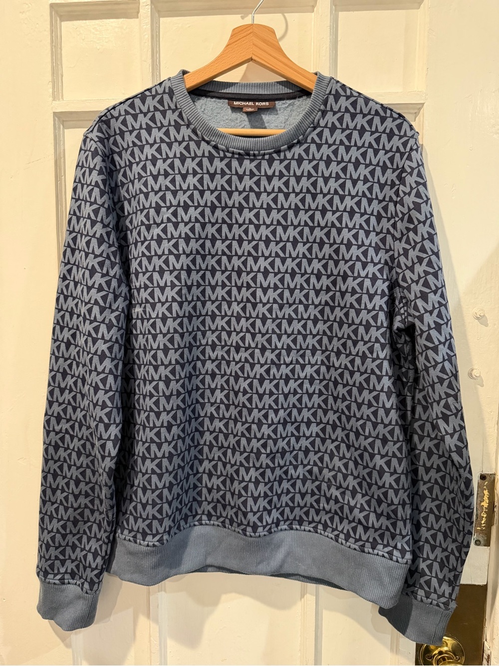 Michael Kors Men's Navy and Light Blue MK Logo Crewneck Sweater